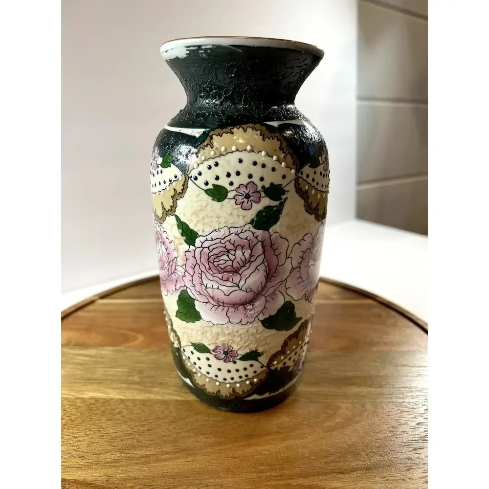 Vintage Floral Vase Ceramic Dark Green Floral Design‎ Home Decor Accent