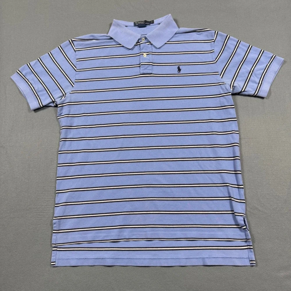 Polo Ralph Lauren Mens XL Blue Striped Short Sleeve Cotton Pique Polo Shirt