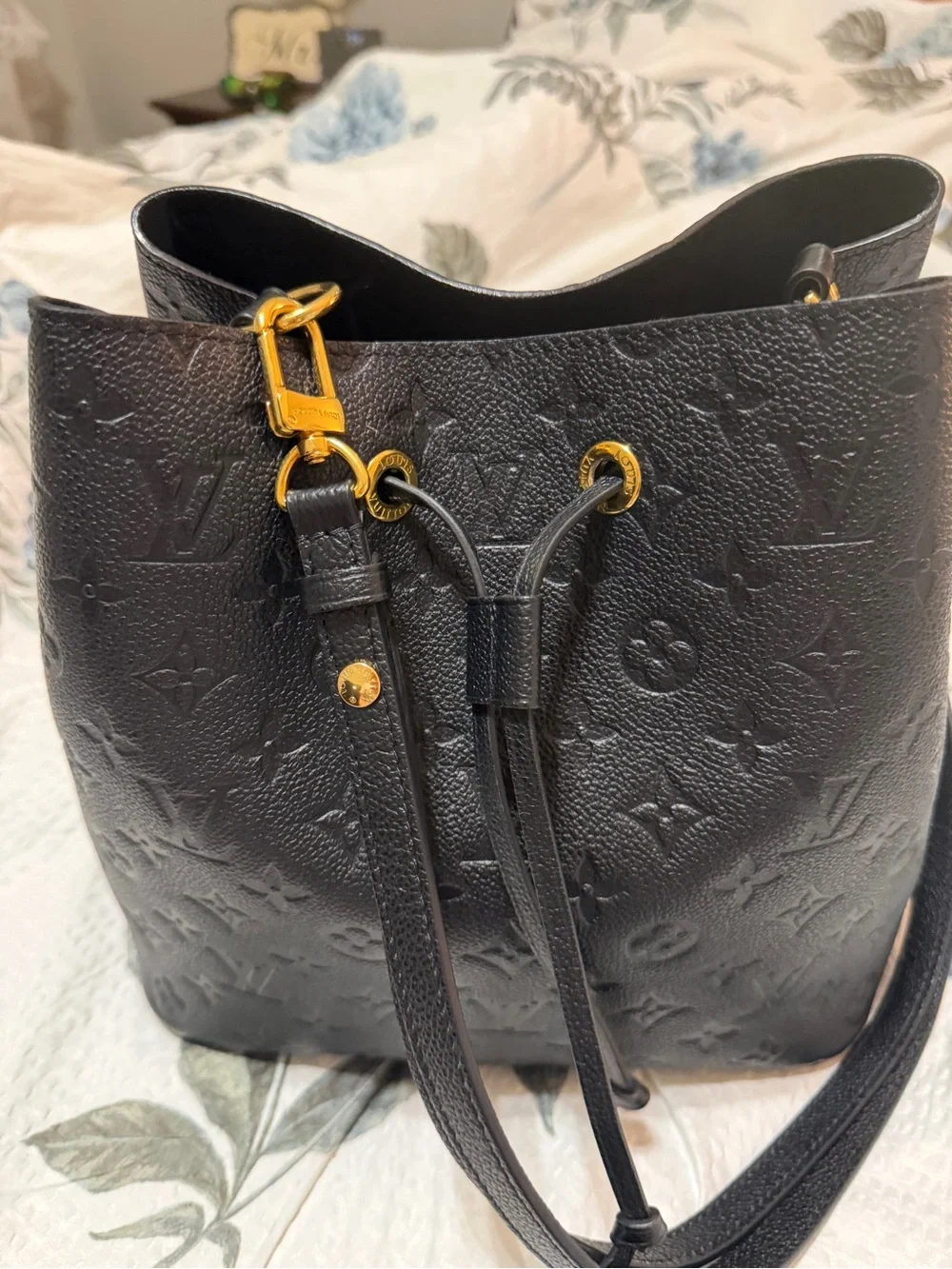 Louis Vuitton Black Embossed Monogram Drawstring Hobo Bag