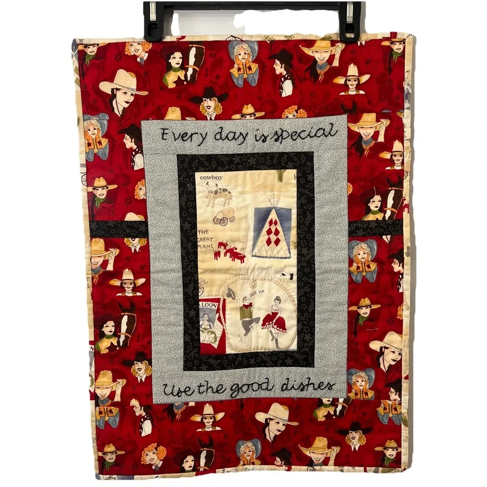Quilted embroidered western cowboy cowgirl wall‎ hanging Two Sided 18.5