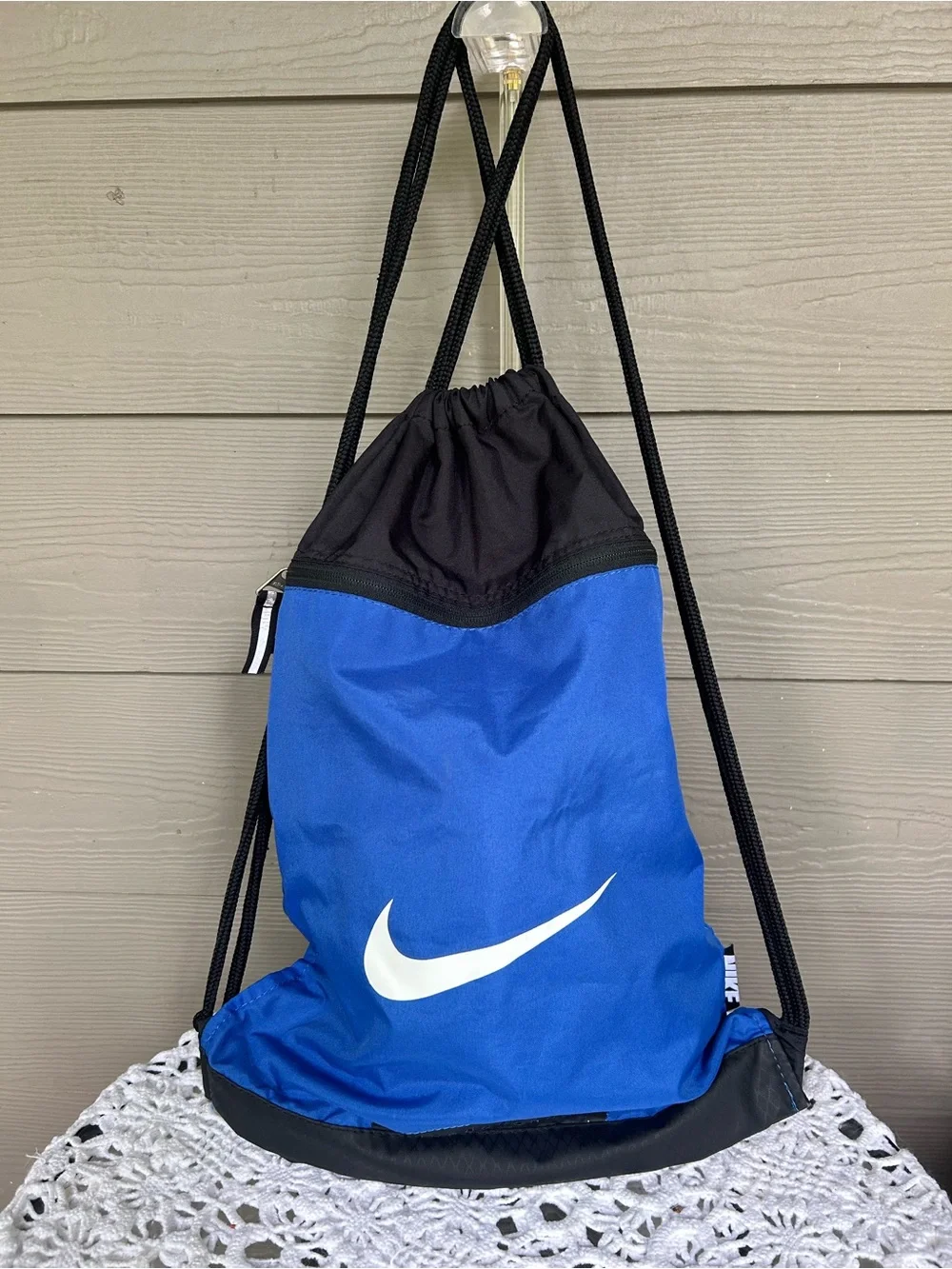 Nike Royal Blue and Black Drawstring Backpack with White Swoosh