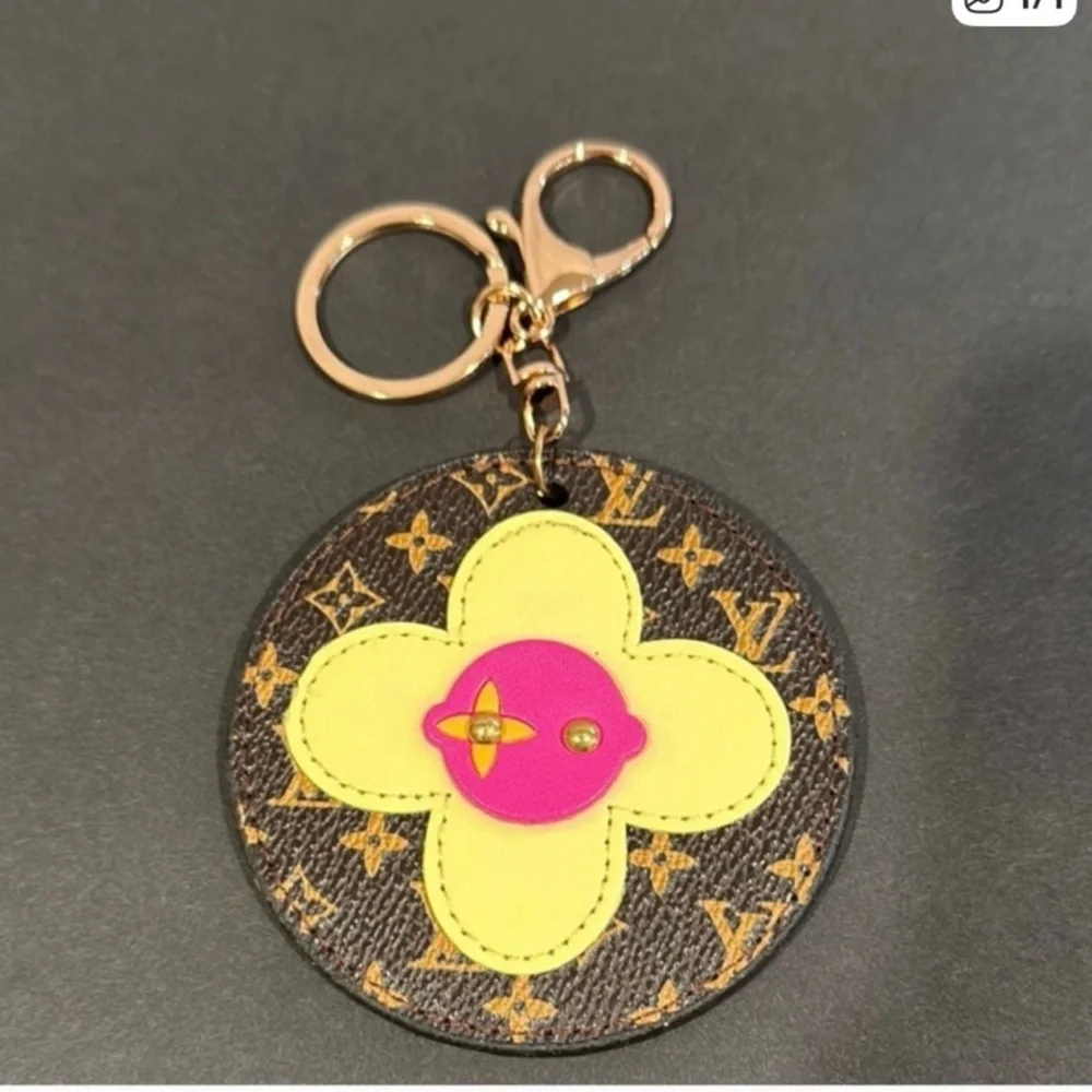 CUTE KEYCHAIN / BAG CHARM MONOGRAM PATTERN WITH YELLOW AND PINK ACCENTS NWOT