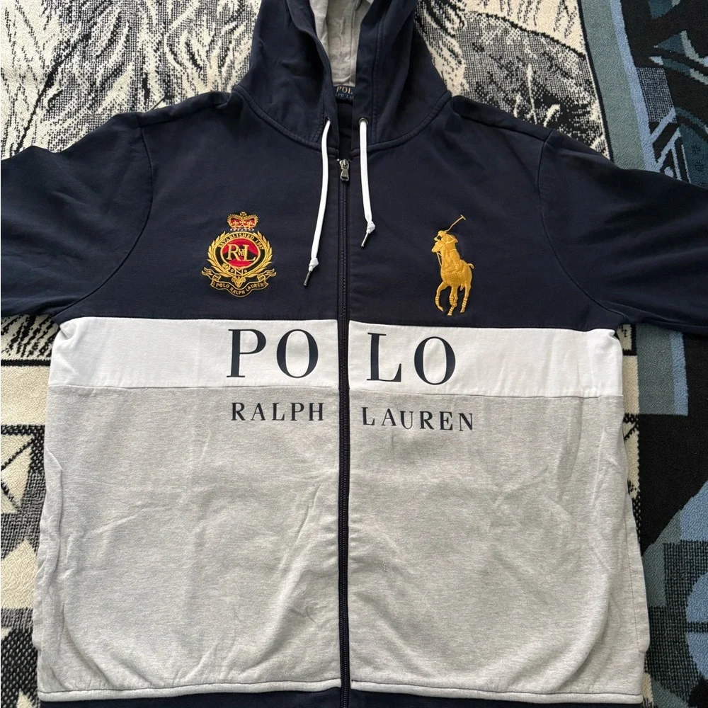 Polo Ralph Lauren Royal Crest #3 Big Pony Embroidered Blue/White/Grey Zip Hoodie