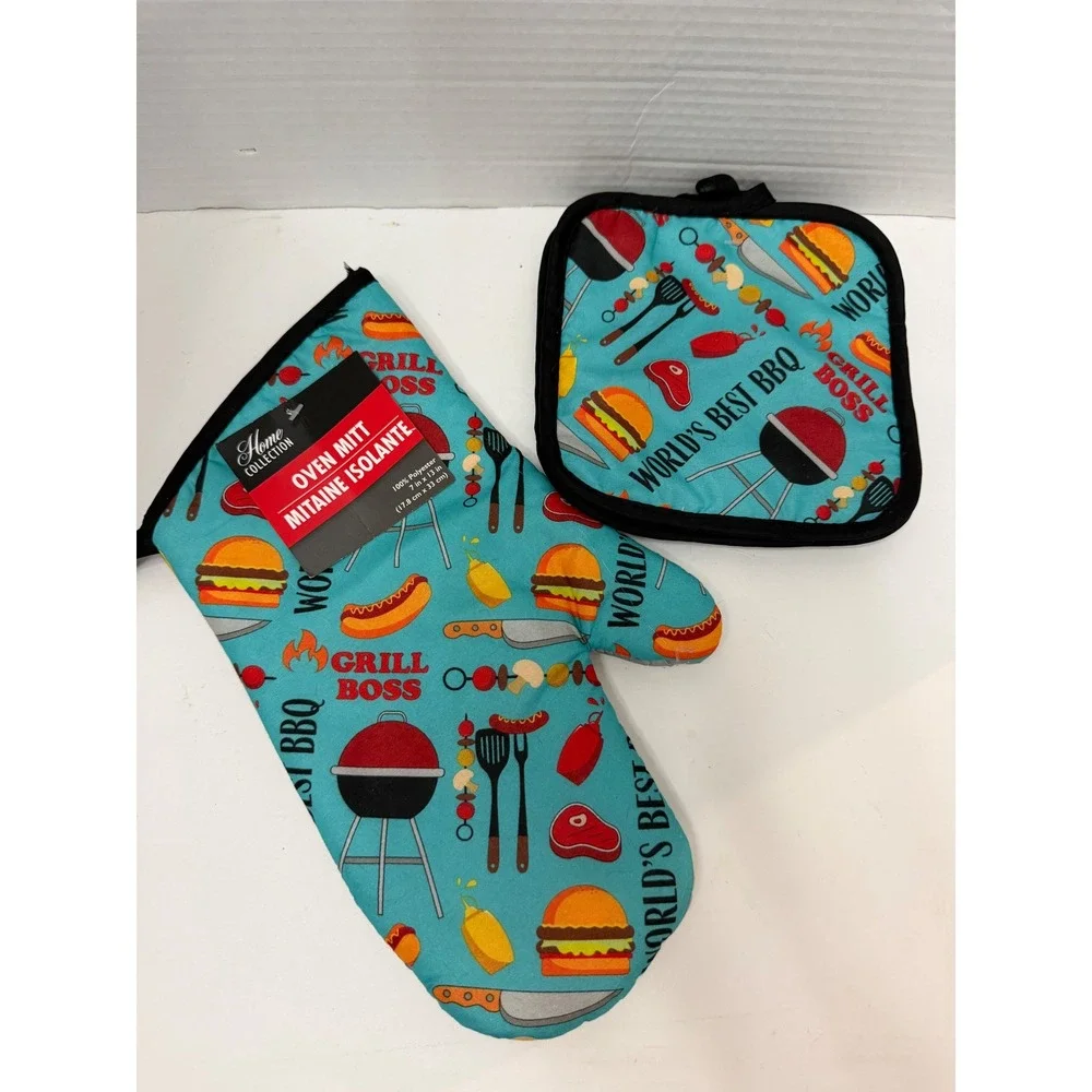Home Collection Grill Boss BBQ Oven Mitt and Pot Holder Set 3pc Teal NEW