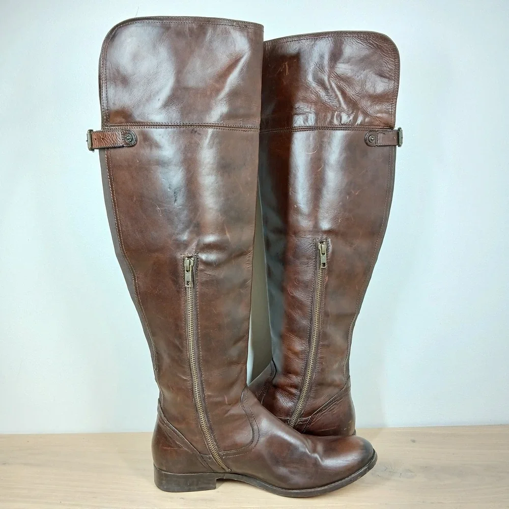 Frye heel buckle boots