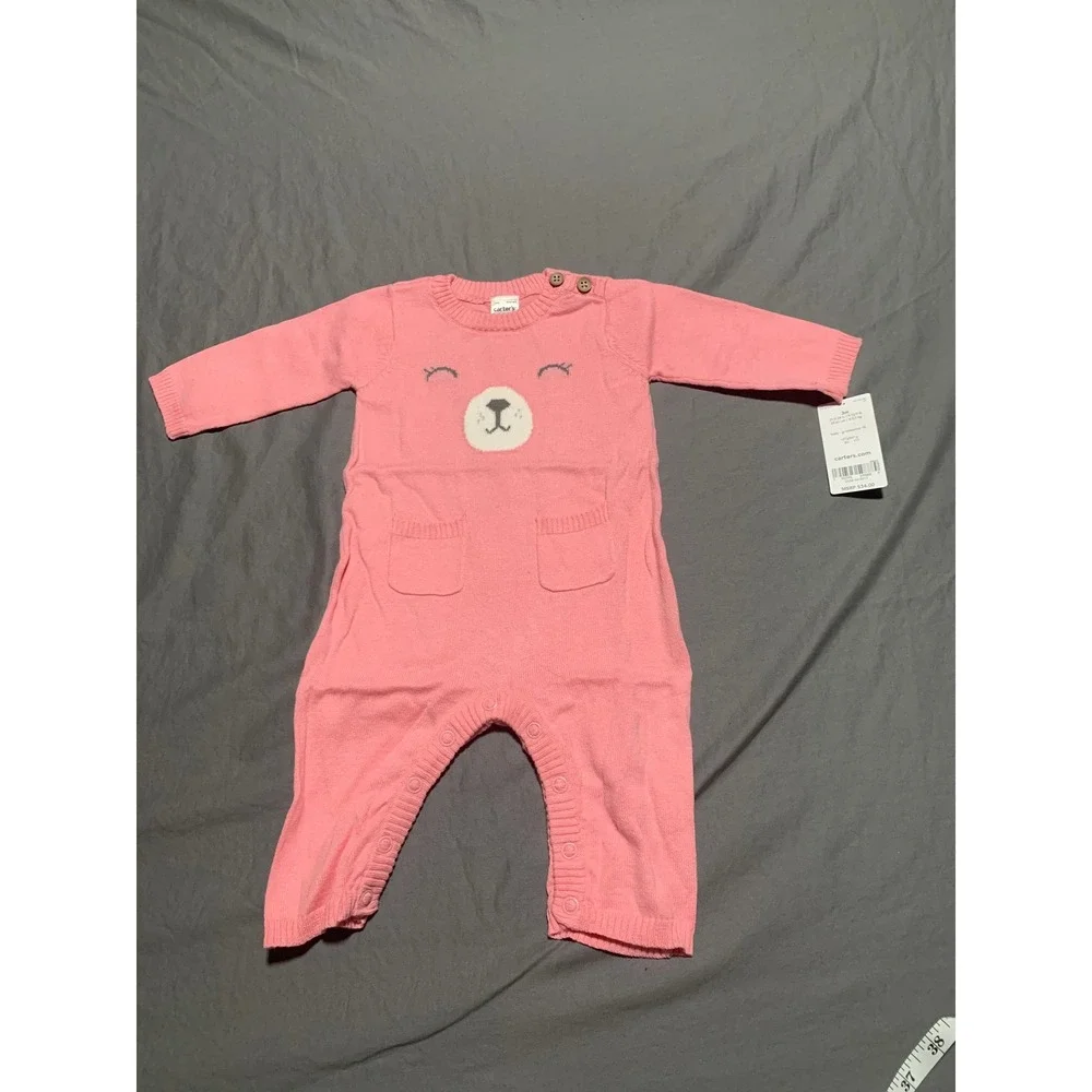 Carters Baby Girls‎ Pink Bear Knit Jumpsuit Romper Sweater One Piece 3M NEW