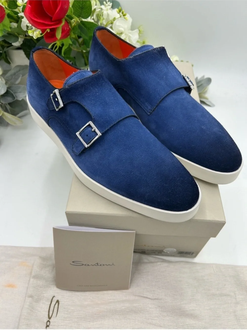 Men’s SANTONI blue suede Atlantis double monk strap shoes size 9 US made Italy