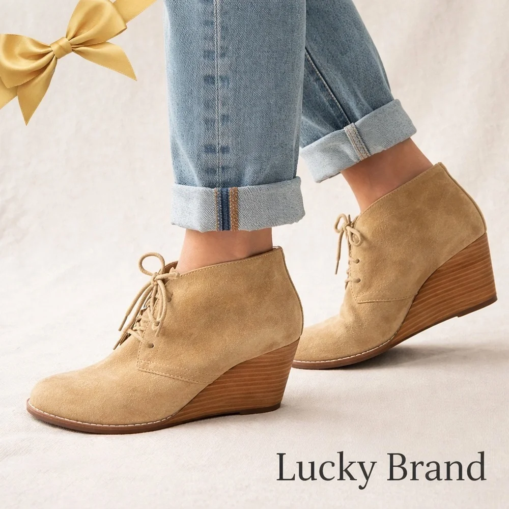 Lucky Brand Tan Suede Lace-Up Wedge Ankle Booties