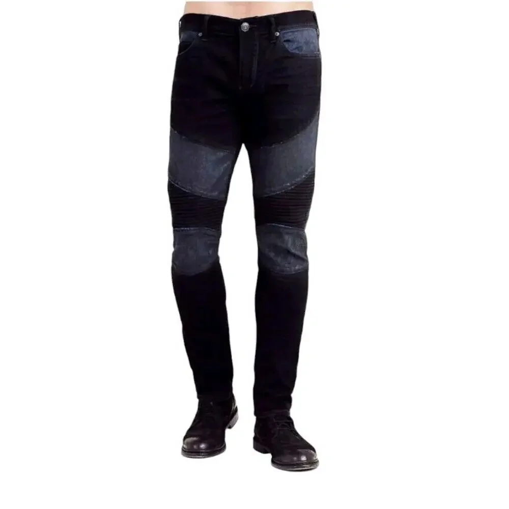 True Religion‎ ROCCO MOTO Jeans Sz 32 Black w Blue Relaxed Skinny RIBBED $249