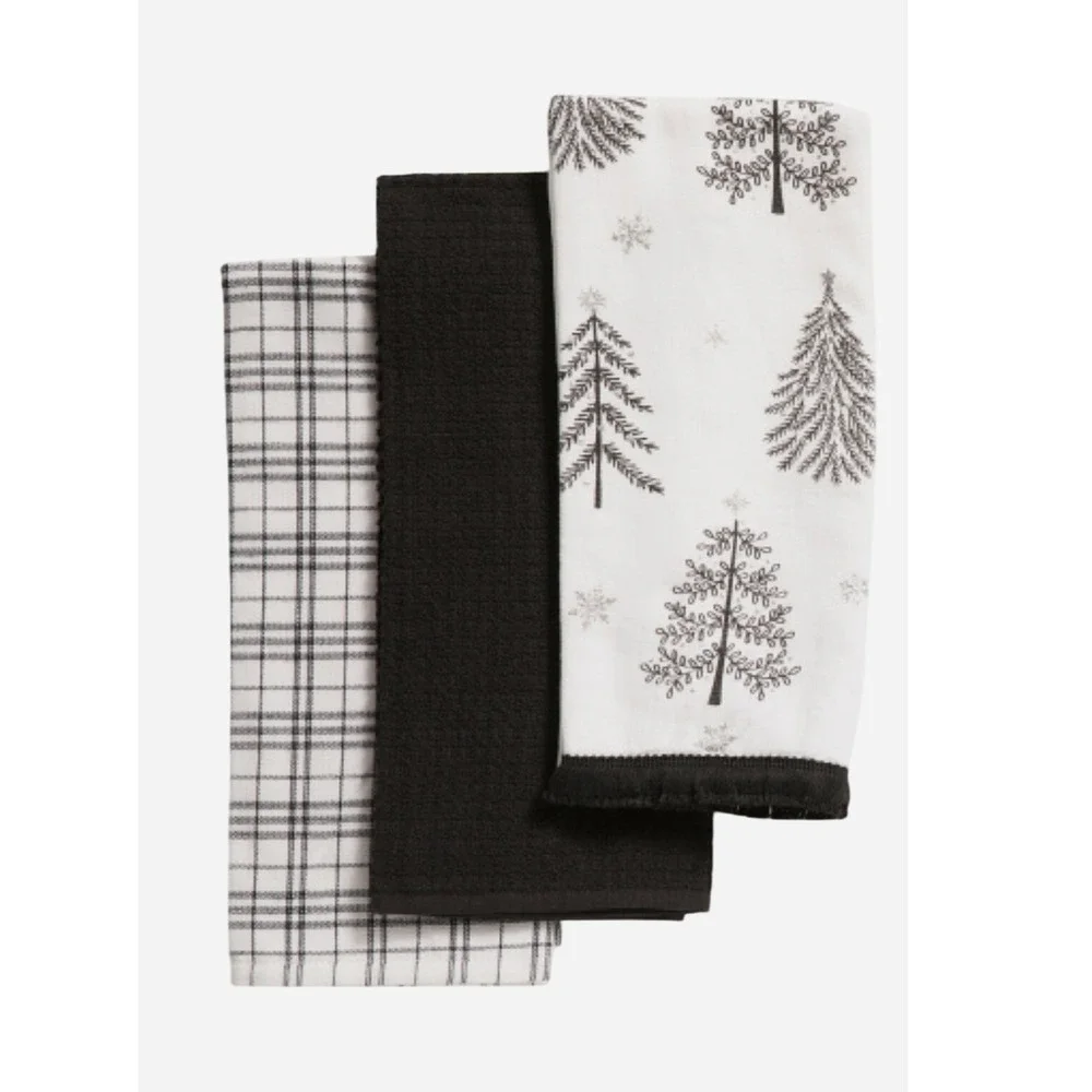 The Farm House by Rachel Ashwell Xmas Towels Black White Trees‎ Snowflake NEW