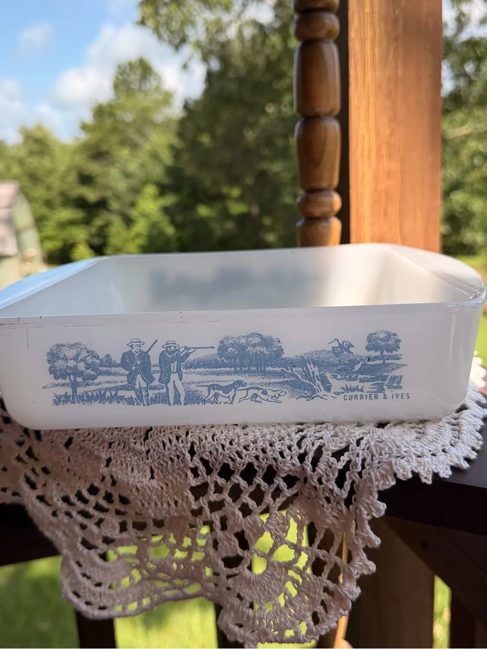 Vintage Glasbake Casserole Dish with Currier and Ives Print