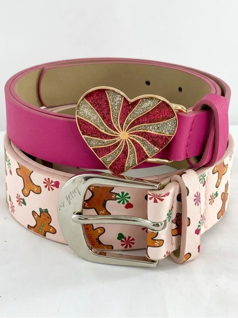 Betsey Johnson Christmas Holiday Belt Set of 2  Pink Heart Gingerbread Large NWT