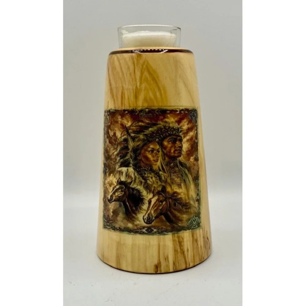 Hand Crafted Native American Votive Candle Holder Wooden‎ Signed Art Decor