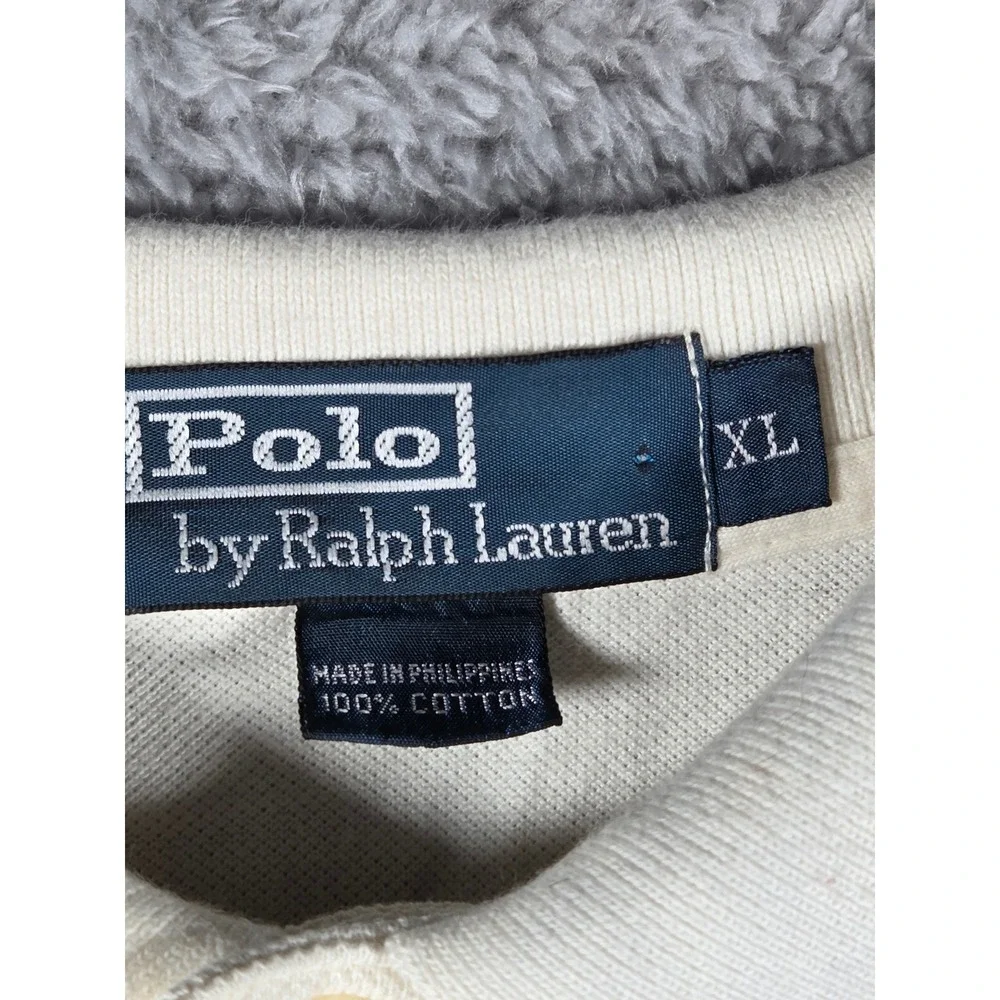 Polo Ralph Lauren Polo Shirt XL Cream Mens Long Sleeve Pique Cotton Logo
