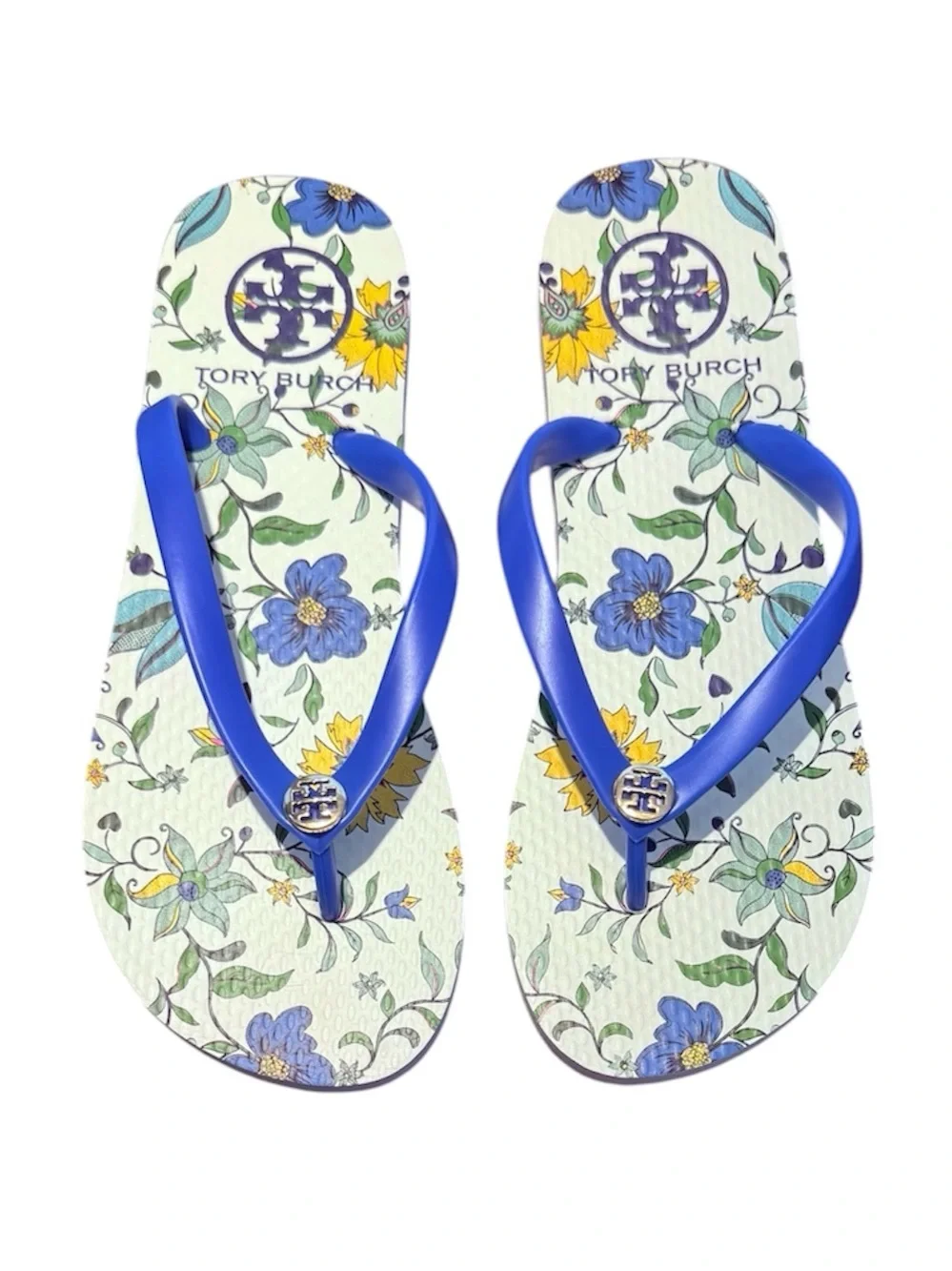 NWOT Tory Burch Wisteria Blue White Lark Gold Logo Flip Flops Size 5
