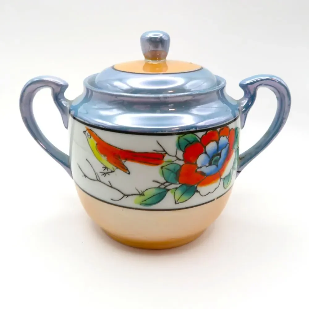 Antique Nippon Japan Cream and Lidded Sugar Set Floral and Bird Luster Finish