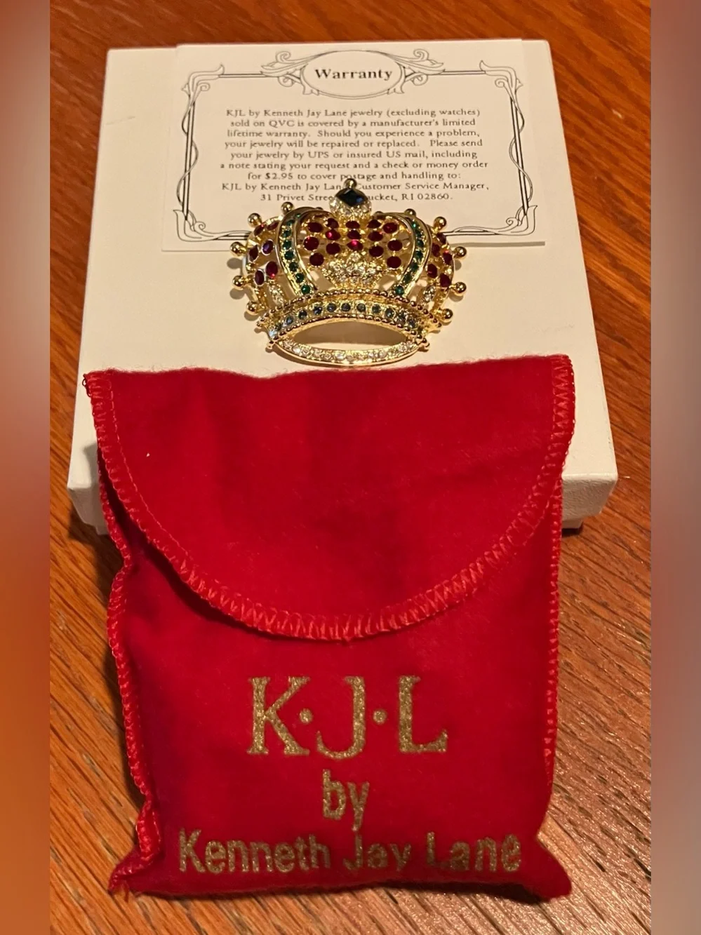 NEW Vintage Kenneth Jay Lane  Gold-Tone Crown Brooch with Red and Green Accents