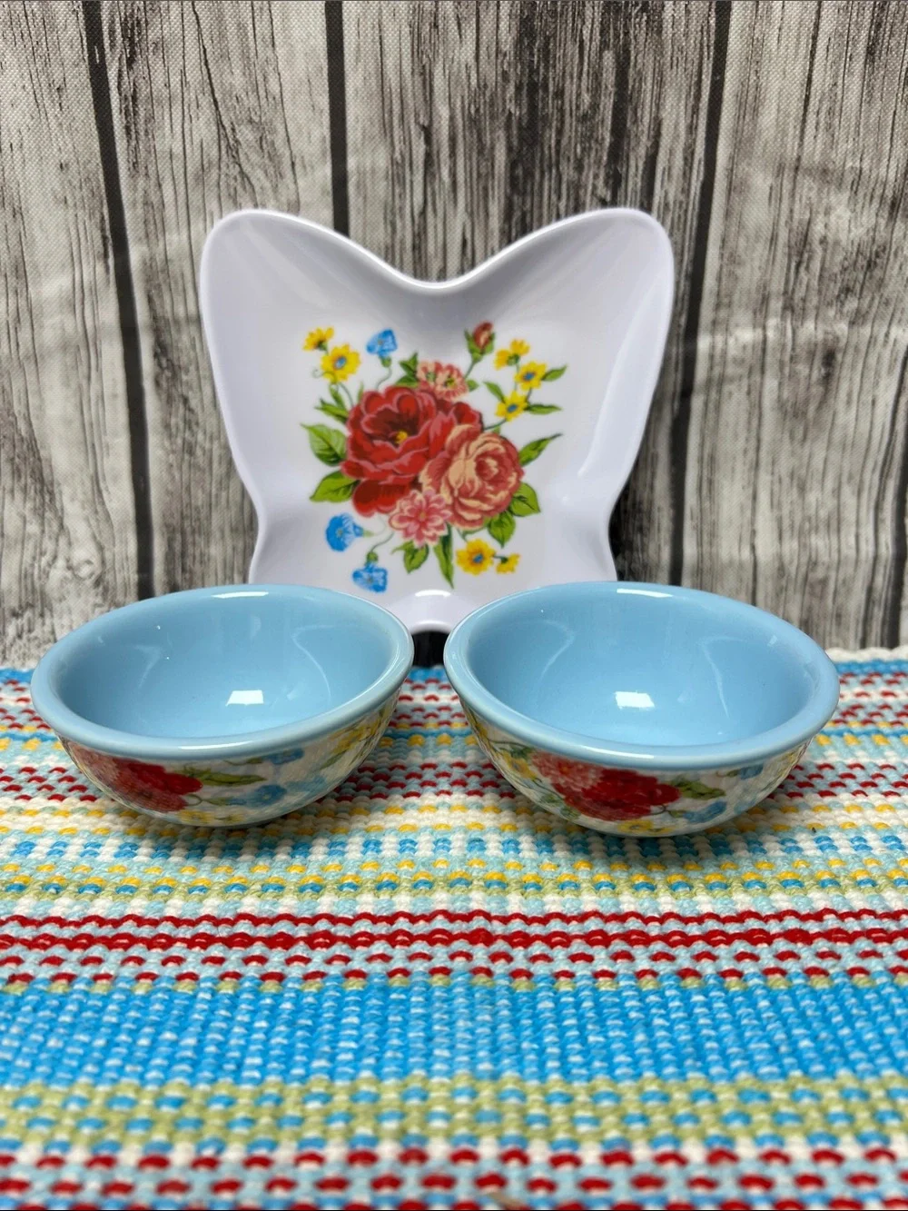 Pioneer Woman set of mini Dipping bowls and butterfly spoon rest-Sweet Rose