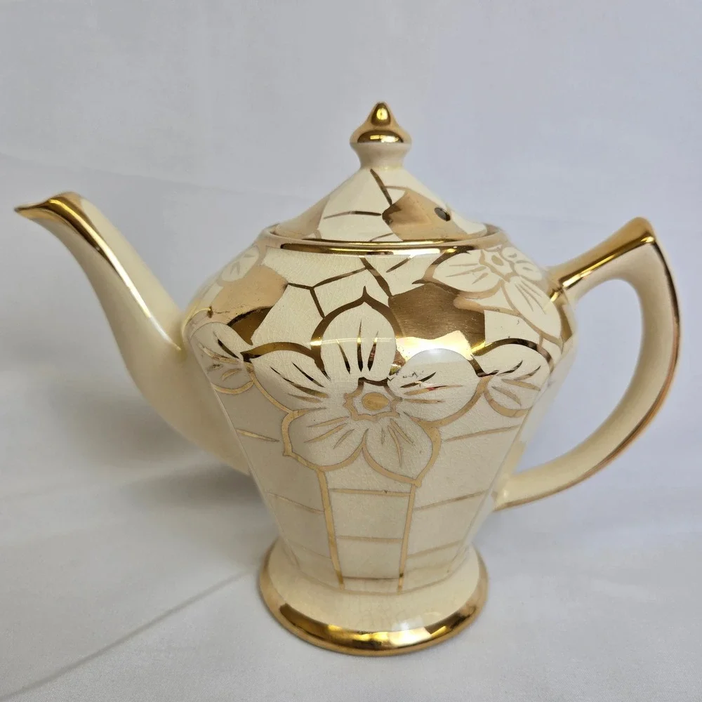 Price Bros Teapot Cream Gold Floral Design England 676 Vintage READ