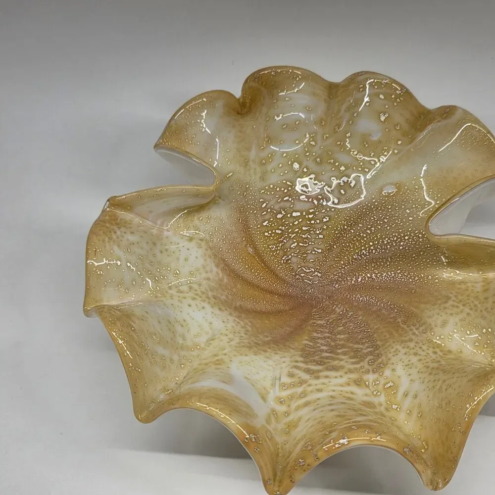 Vintage Murano Gold Aventurine Art Glass Ruffled Bowl Italy