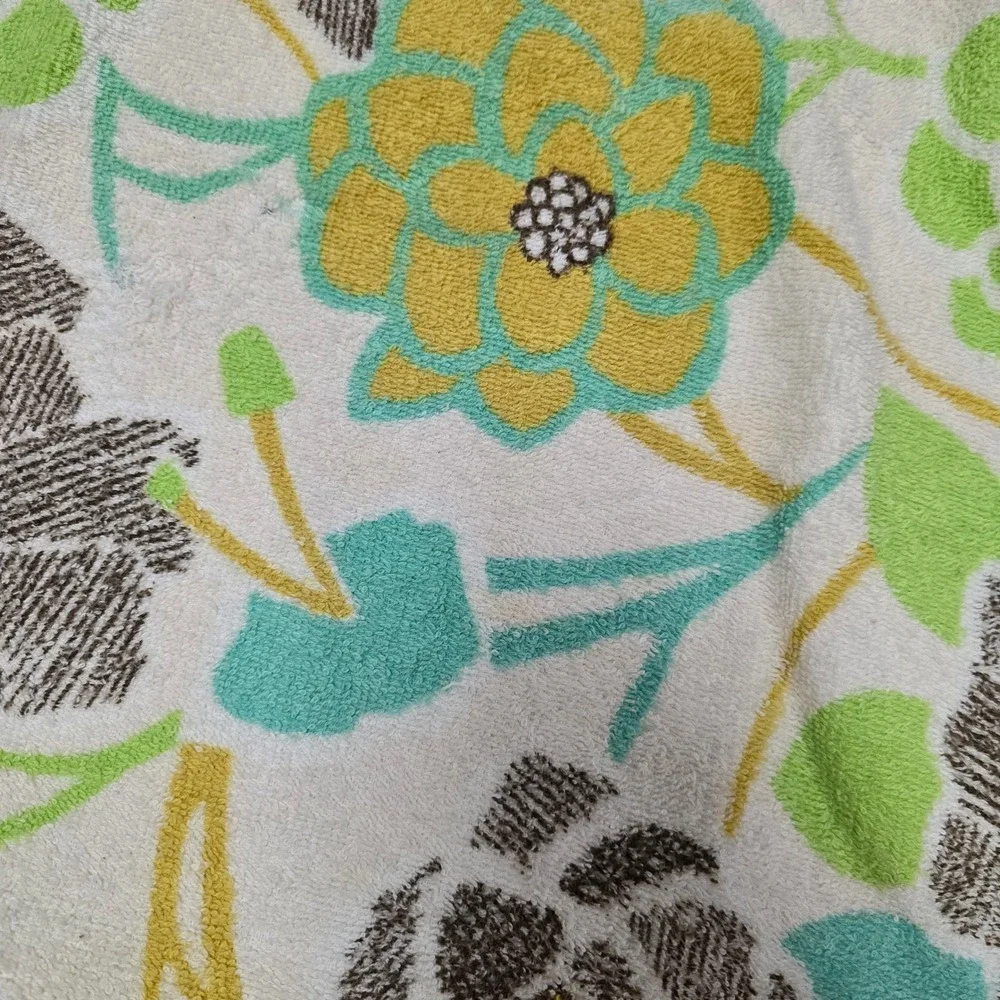 Vintage Floral Terry Cloth Beach Towel Fringe‎ Edge Green Yellow Brown 46x37