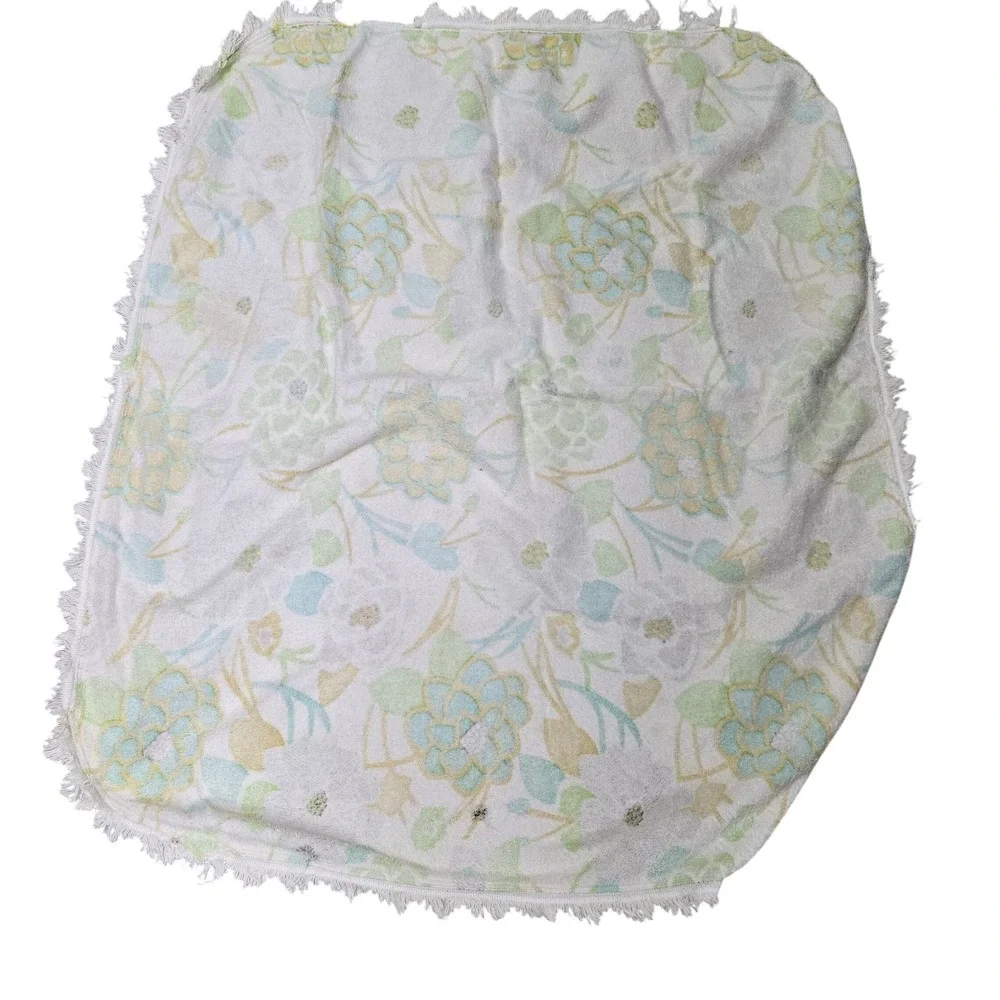 Vintage Floral Terry Cloth Beach Towel Fringe‎ Edge Green Yellow Brown 46x37