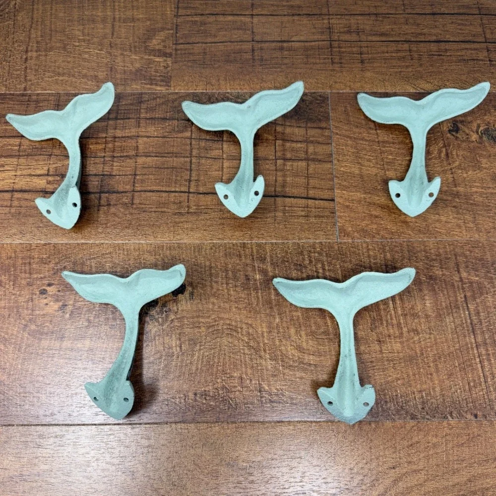 Set of 5 Cast Iron Whale Tail Wall Hooks Verdigris Coastal Green Nautical