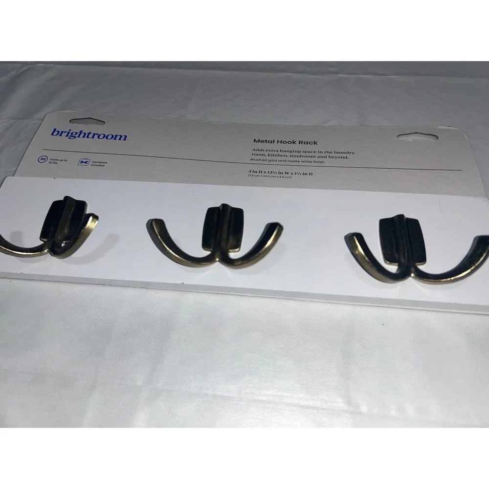 Brightroom‎ Metal Hook Rack Brushed Gold Matte White 3 Double Hooks 13.5in NWT
