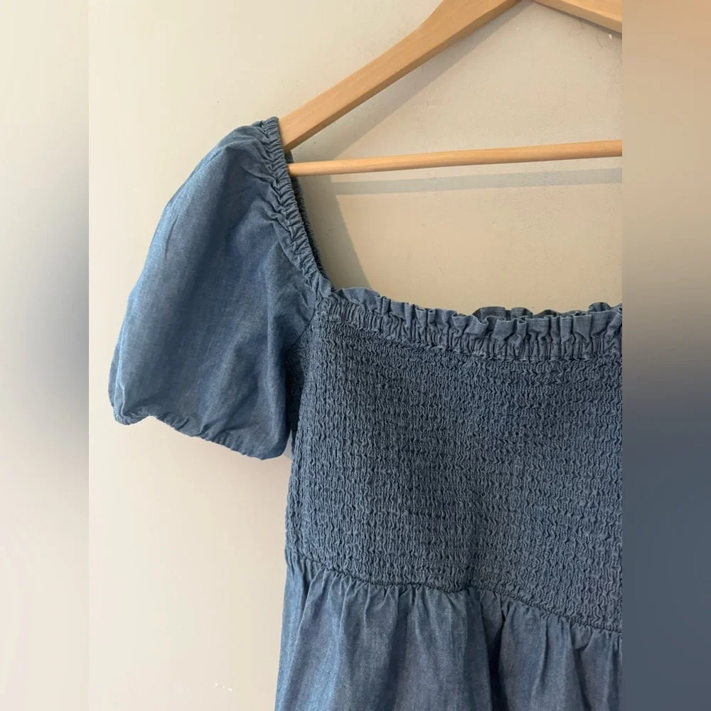 J. Crew‎ Square Neck Smocked Chambray Short Puff Sleeve Top in Blue Denim Peplum