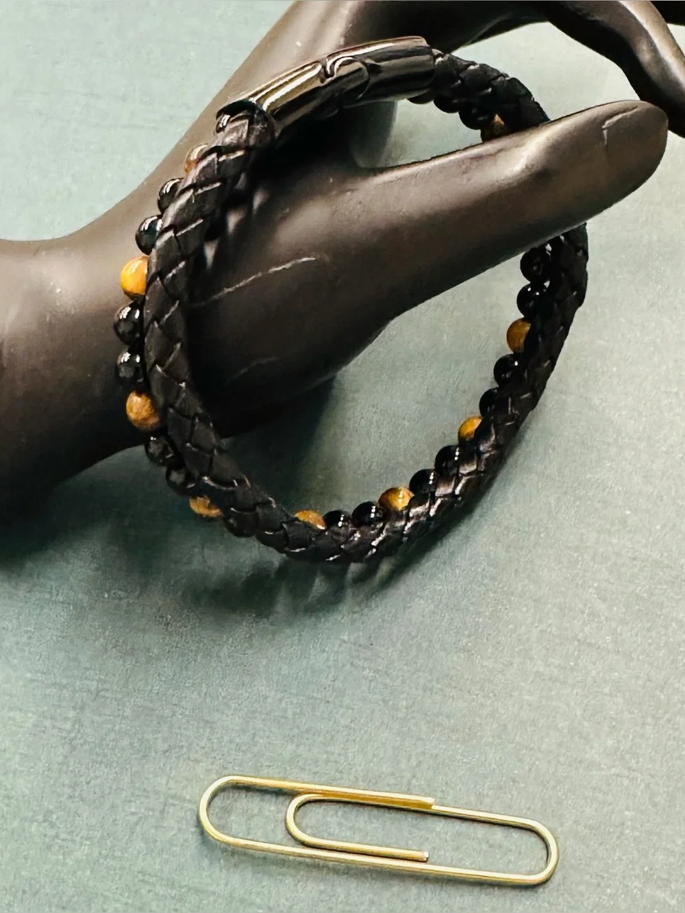 Tiger Eye Onyx Black Braided Leather Bracelet B10