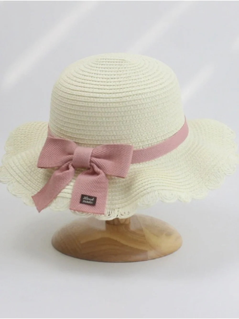 Cream Sun Hat with Pink Ribbon Bow