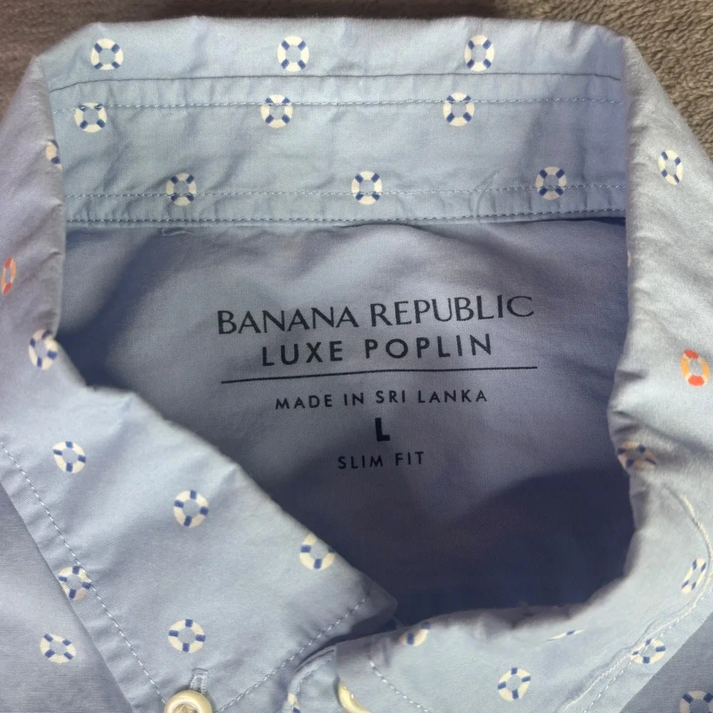 Banana Republic Button Down Mens Large Blue Lifebuoy Nautical Slim Luxe Poplin