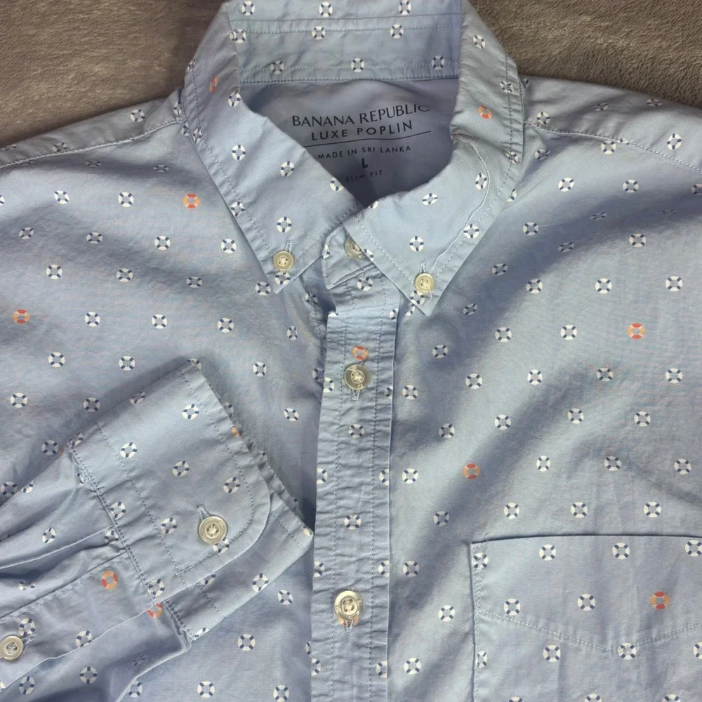 Banana Republic Button Down Mens Large Blue Lifebuoy Nautical Slim Luxe Poplin