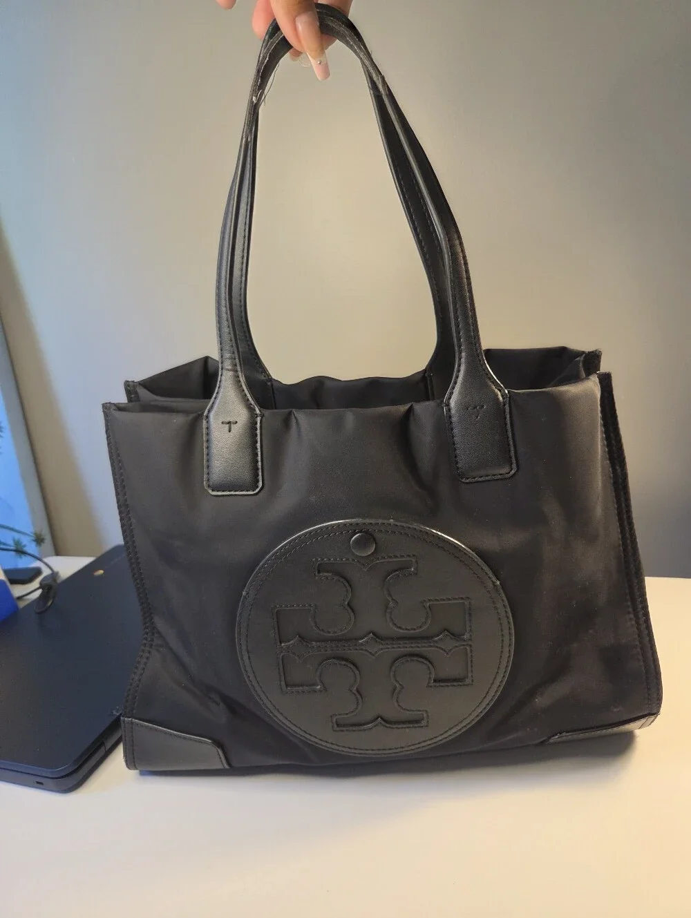 Tory Burch Ella Black Nylon Leather Tote Bag Authentic Logo Design