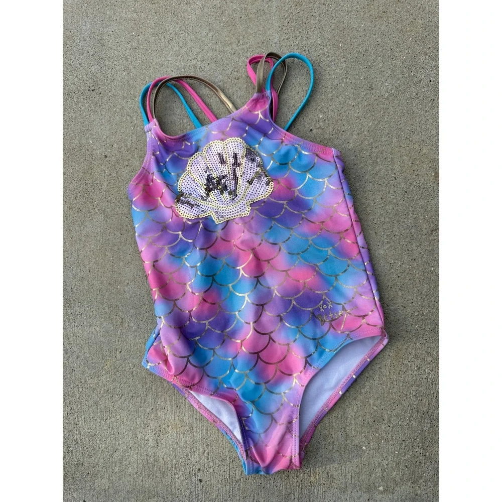 Betsey Johnson‎ Girls Mermaid Scale One Piece Swimsuit Pink Blue Sequin Shell 6X