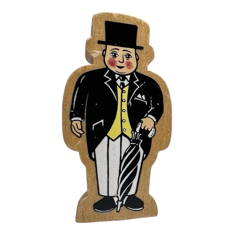 Painted Wooden Gentleman Figure in Black Suit with Top Hat & Umbrella