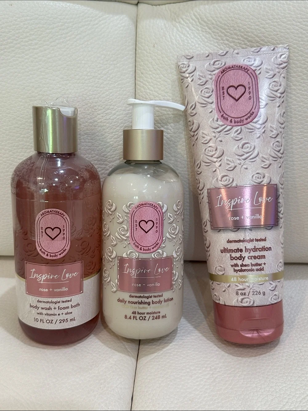 Bath and Body Works Rose Vanilla  Wash, Lotion and Cream 3 Pieces Set Full Size