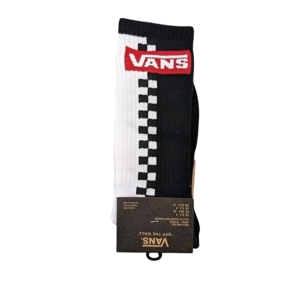 Vans Crew‎ Socks Mens Womens 6.5-9 Black White Red Logo Checkerboard Athletic