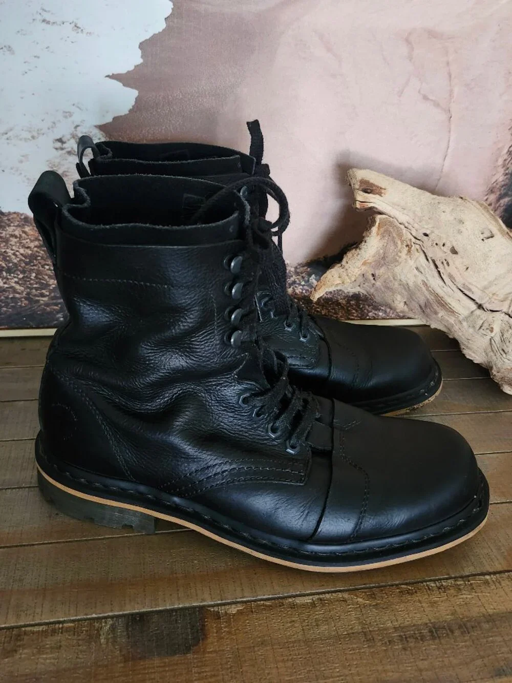 DR. MARTENS Black Pier Polished Wyoming Suede/Leather Cap Toe Boots Men's 11