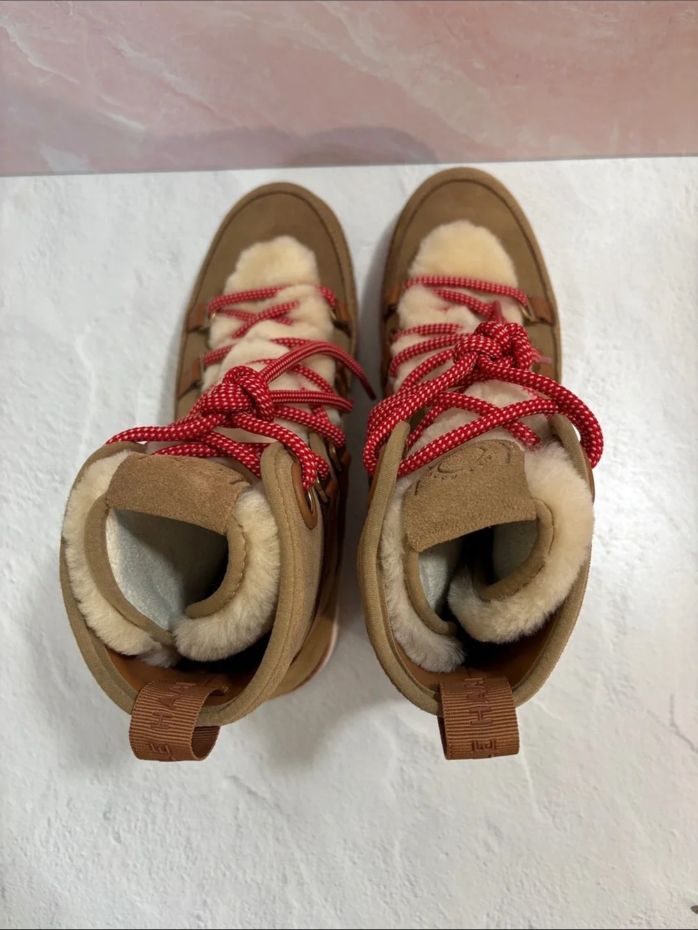 Cole Haan Tan Suede Shearling-Trim Winter Hiker Boots with Red Laces