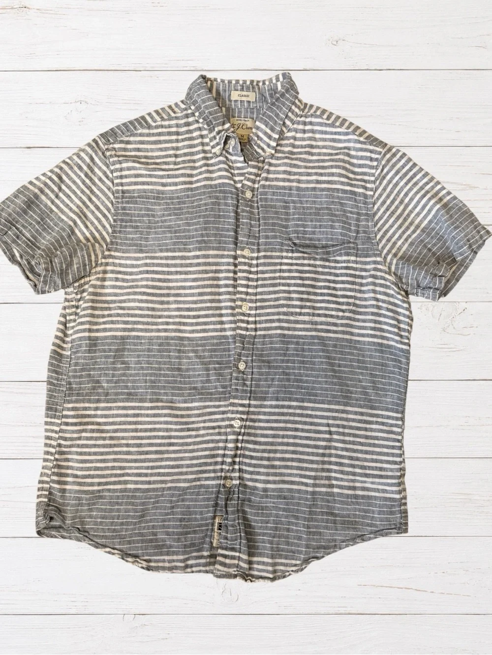 J.Crew Irish Linen Shirt Mens M Coastal Beach Resort Camp Summer Blue White