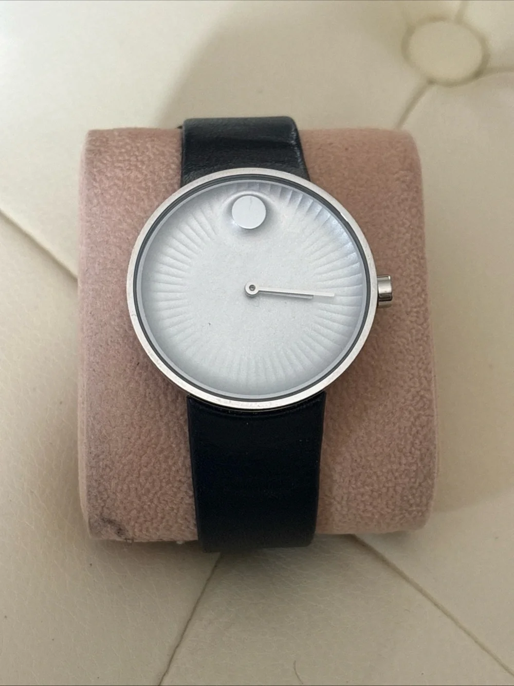 Movado Silver-Tone Case White Sunburst Dial Watch with Black Leather Strap