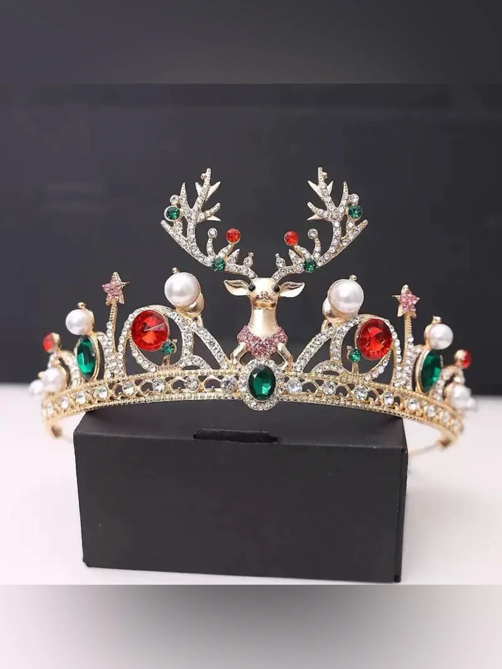 Gold Reindeer Tiara Hair Crown with Red, Green and Pearl Accents