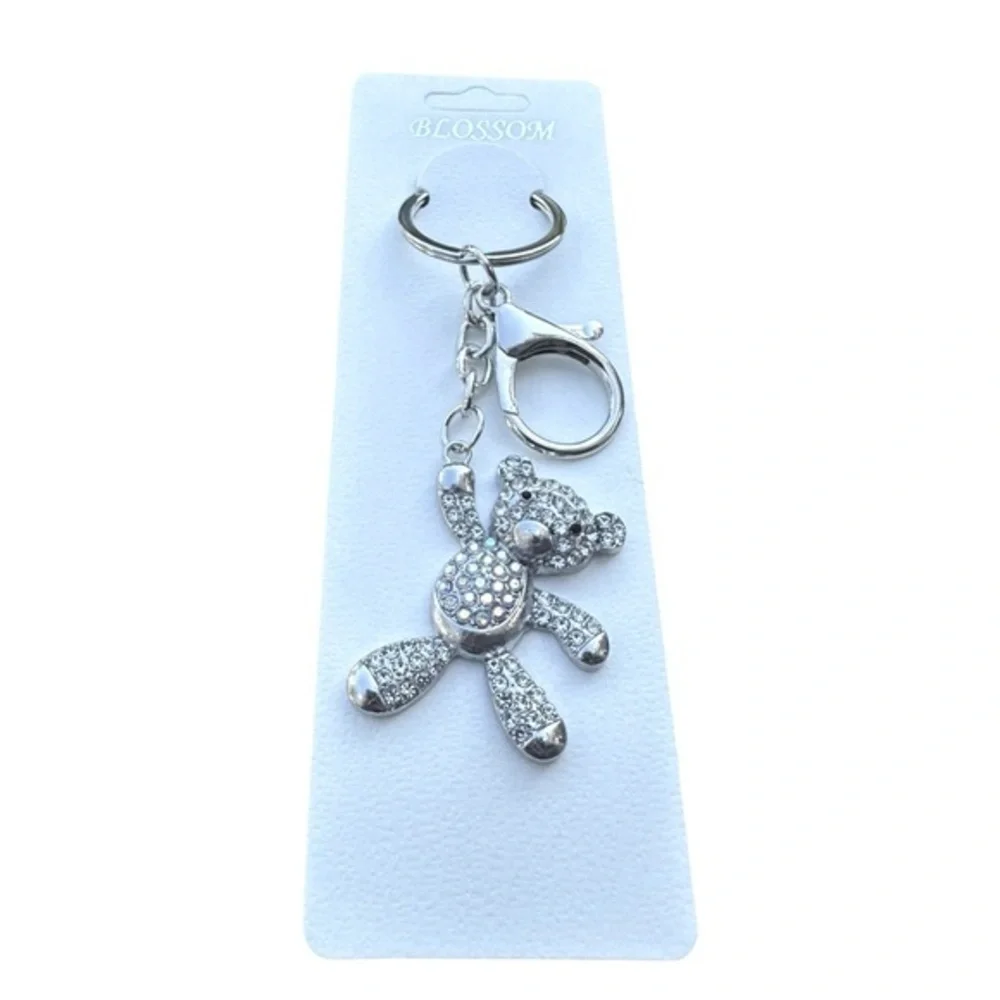 3/$25 Blossom Sparkle Rhinestone Jeweled Silver Teddy Bear Keychain Bag Charm