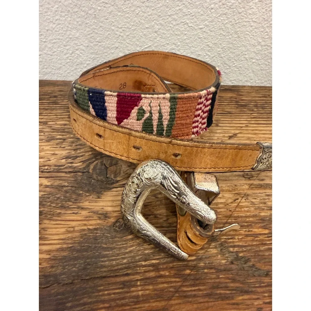 Circle Y of Yoakum Kids Western Leather Belt‎ Woven Fabric Silver Buckle 28 8619