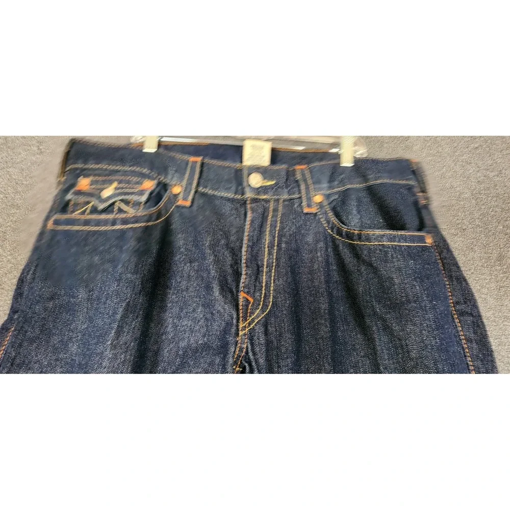 True Religion Joey Flare Jeans Mens 38x30 Raw Denim‎ Made in USA Orange Stitch