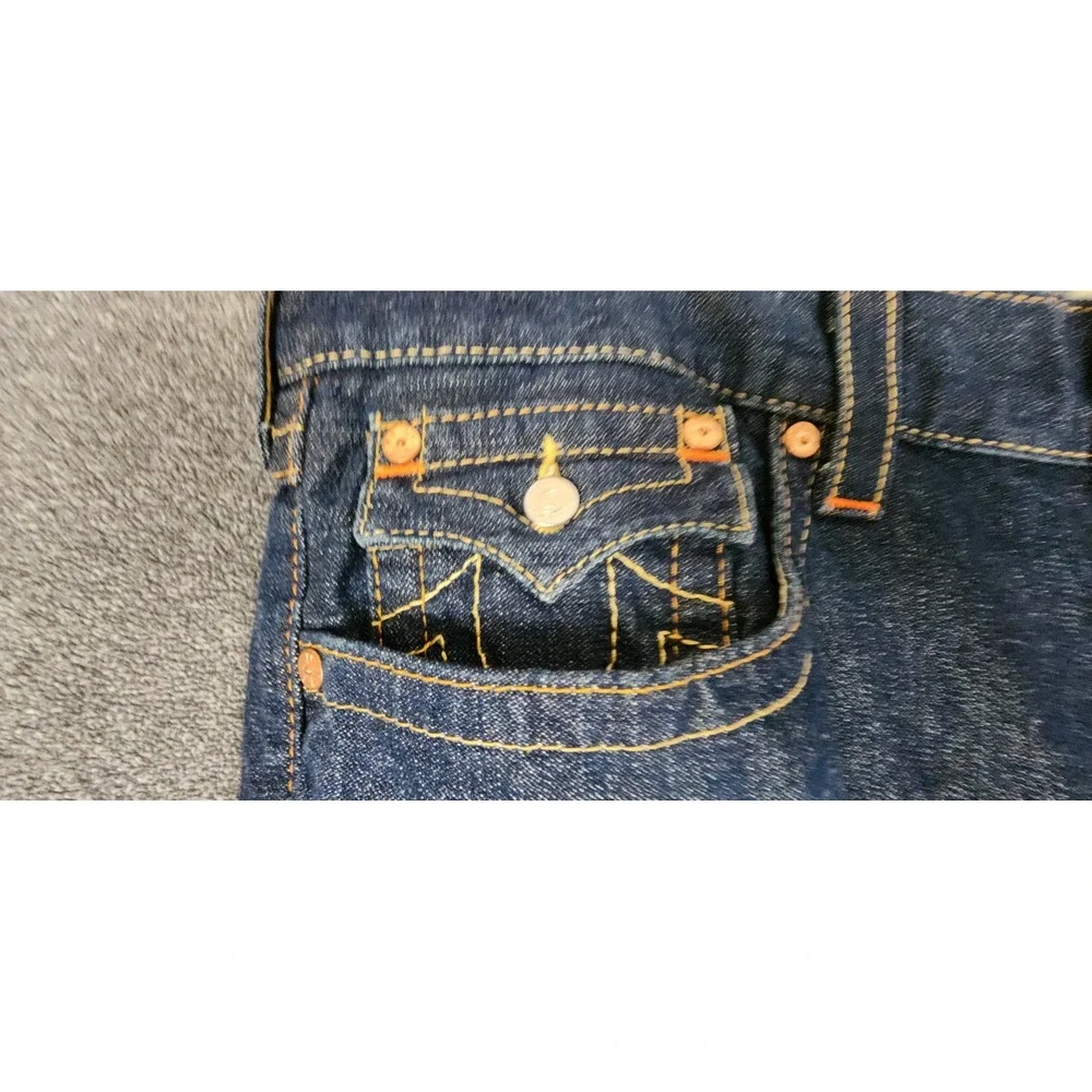 True Religion Joey Flare Jeans Mens 38x30 Raw Denim‎ Made in USA Orange Stitch