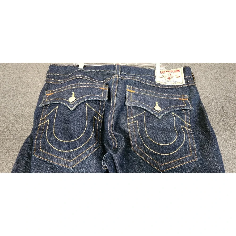 True Religion Joey Flare Jeans Mens 38x30 Raw Denim‎ Made in USA Orange Stitch