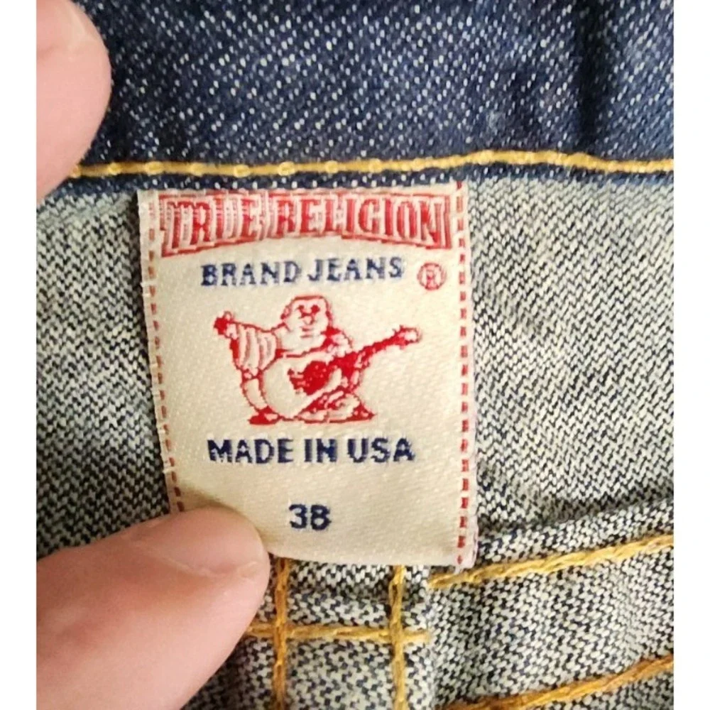 True Religion Joey Flare Jeans Mens 38x30 Raw Denim‎ Made in USA Orange Stitch