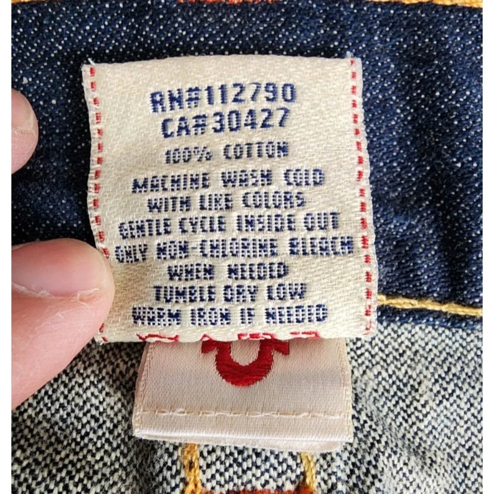 True Religion Joey Flare Jeans Mens 38x30 Raw Denim‎ Made in USA Orange Stitch